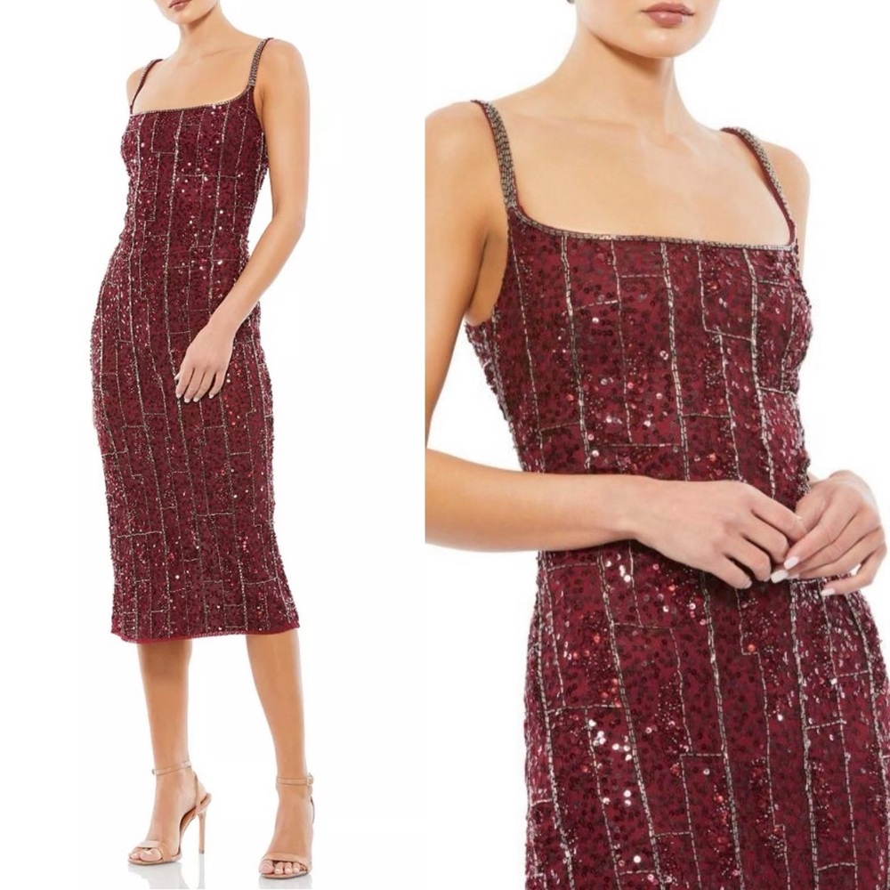 Mac Duggal 10770 Burgundy Beaded Spaghetti Strap Midi Slip Dress Size 4